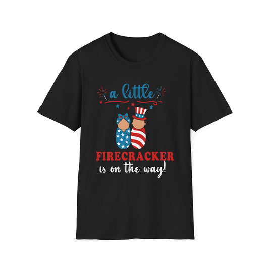 Baby Shower T-Shirt β βA Little Firecracker Is On The Wayβ Patriotic 4th of July Pregnancy Tee