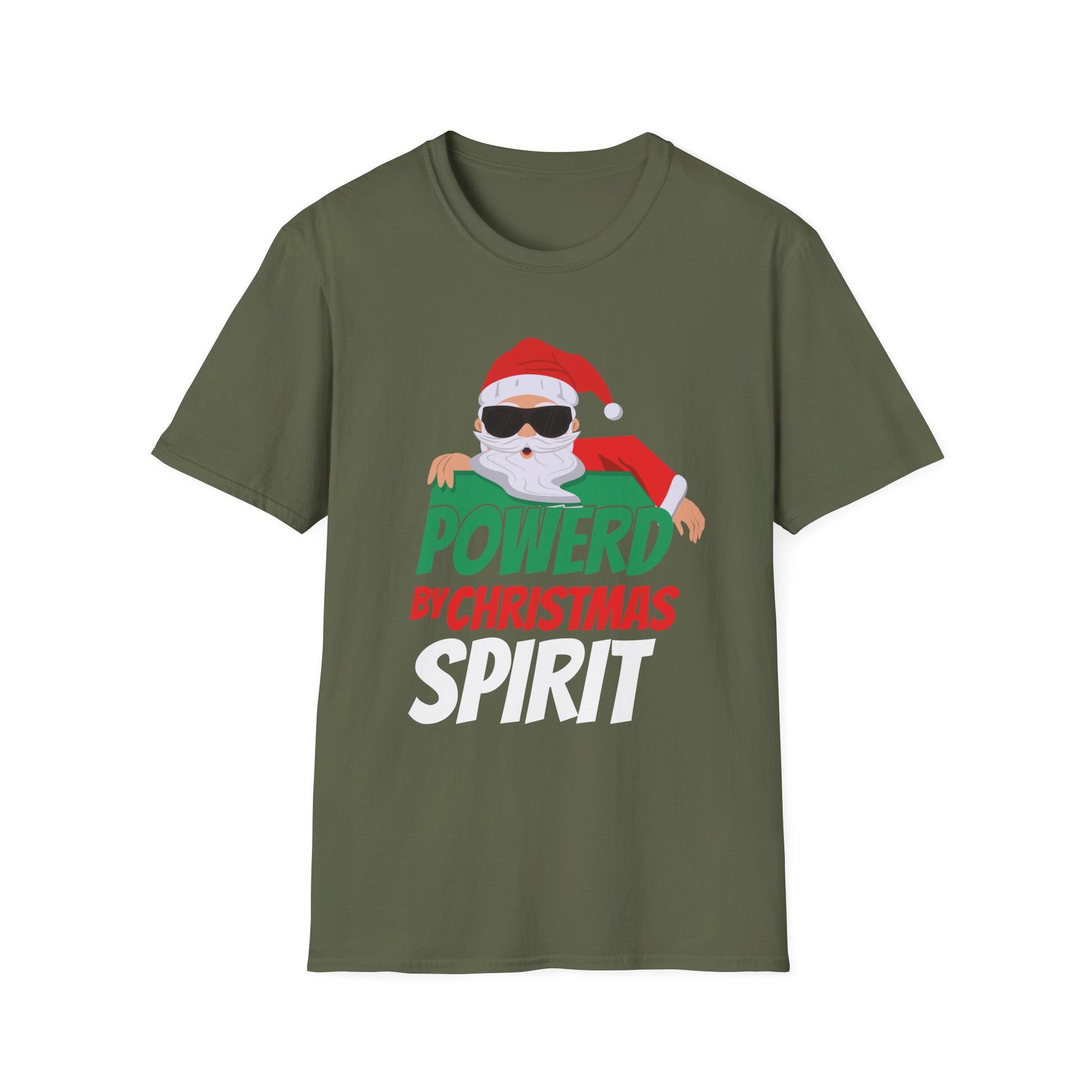 Christmas T-Shirt — "Powered by Christmas Spirit" Holiday Santa Tee