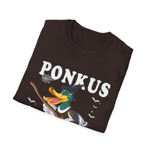 Ponkus Honkus Duck Witch T‑Shirt — Funny Halloween Broomstick Duck Tee