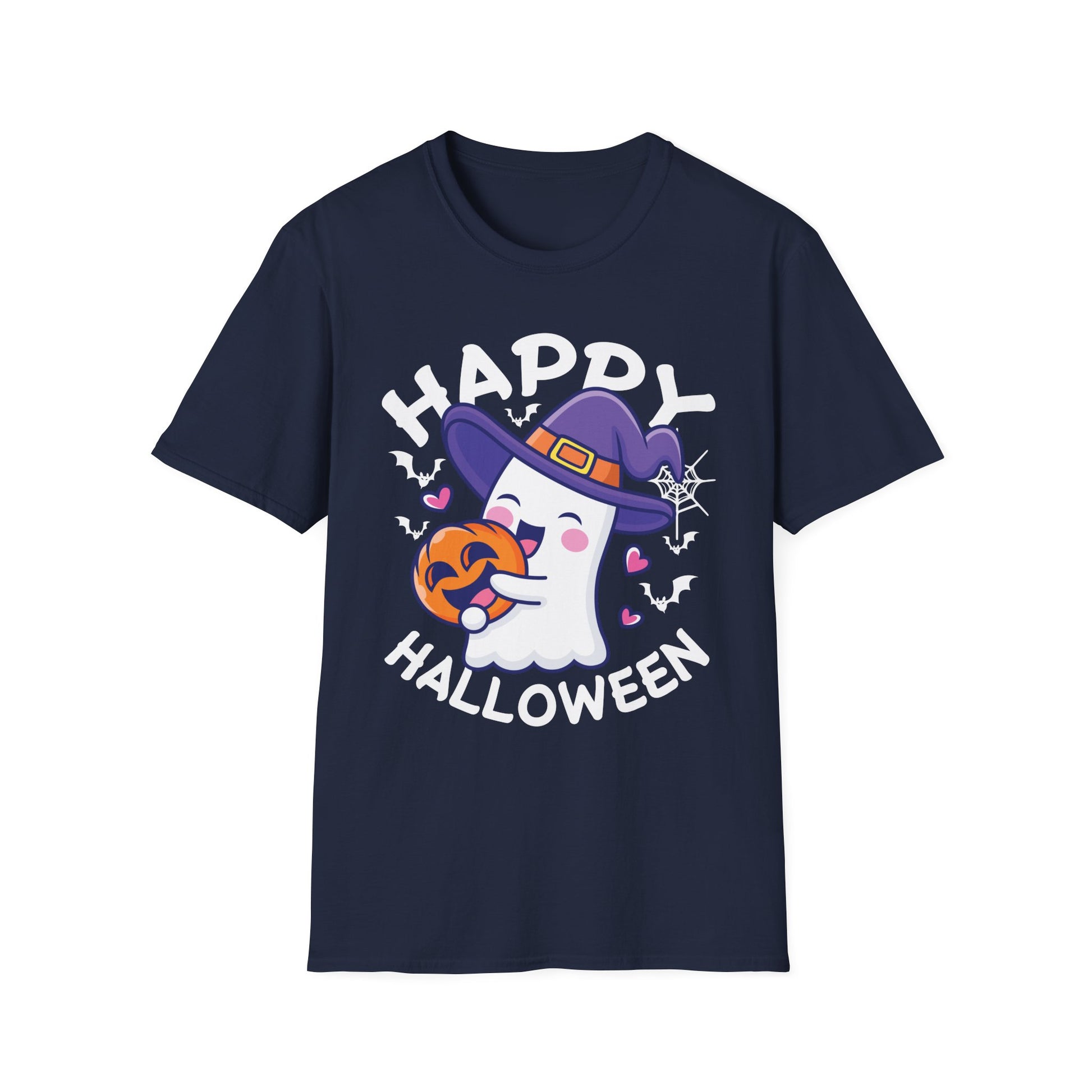 Happy Halloween Ghost T‑Shirt — Cute Witch Hat & Jack‑O’Lantern Graphic