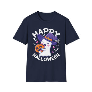 Happy Halloween Ghost T‑Shirt — Cute Witch Hat & Jack‑O’Lantern Graphic