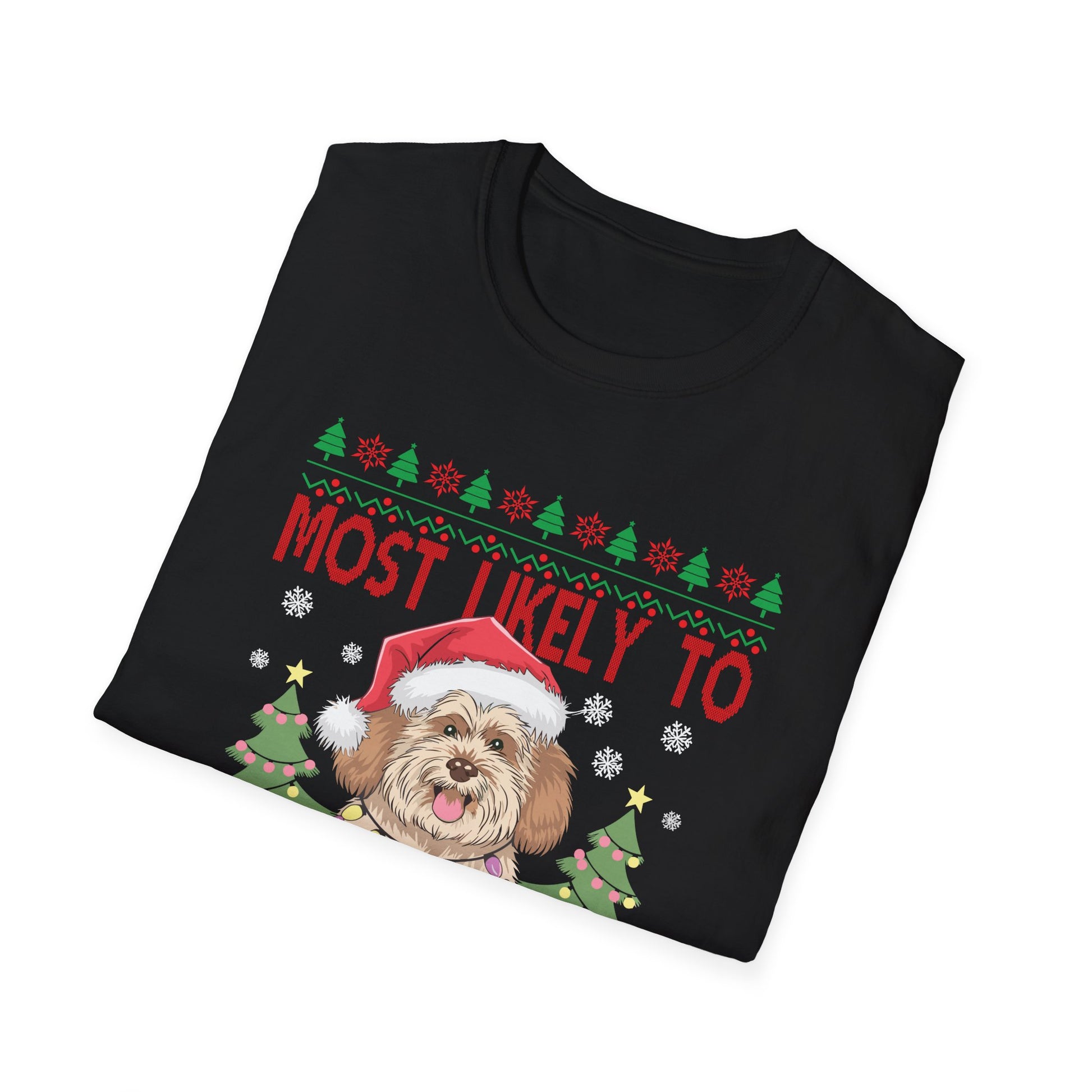 Most Likely To Decorate Her Dog Yorkie Christmas Pajamas Unisex Softstyle T-Shirt