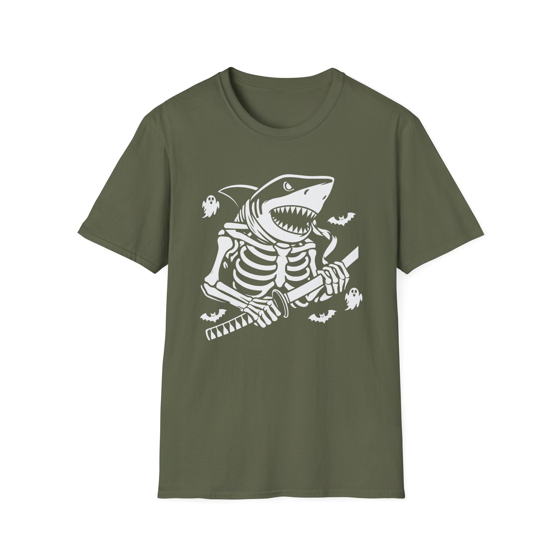 Shark Skeleton Samurai T-Shirt — Halloween Pirate Sword Graphic Tee