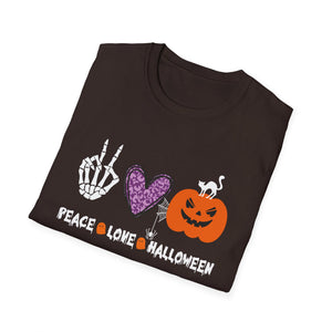 Peace Love Halloween skeleton Hands Funny Halloween Costume TeeUnisex Softstyle T-Shirt