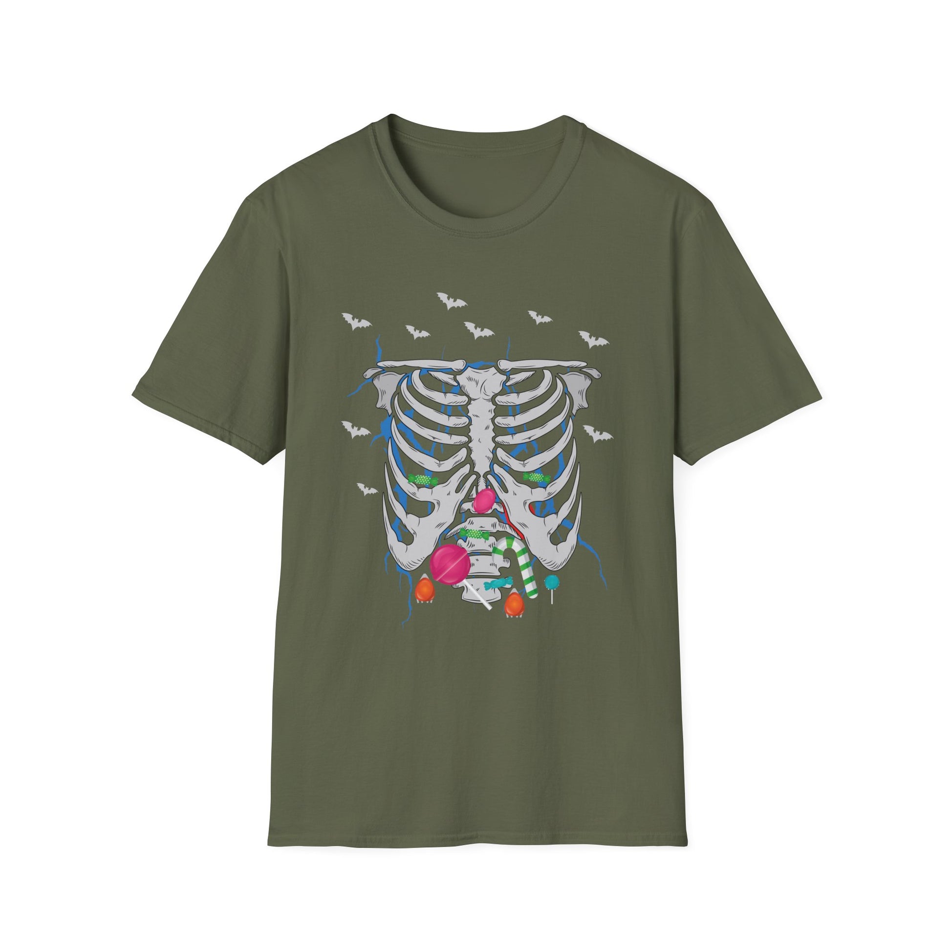 Skeleton Ribcage Floral T‑Shirt — Colorful Rib Bones with Flowers & Bats