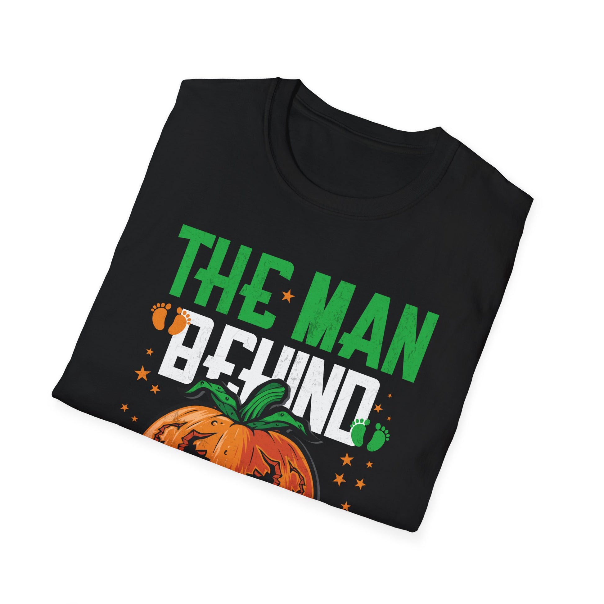 Mens The Man Behind The Pumpkin Dad Halloween Pregnancy Reveal  Unisex Softstyle T-Shirt