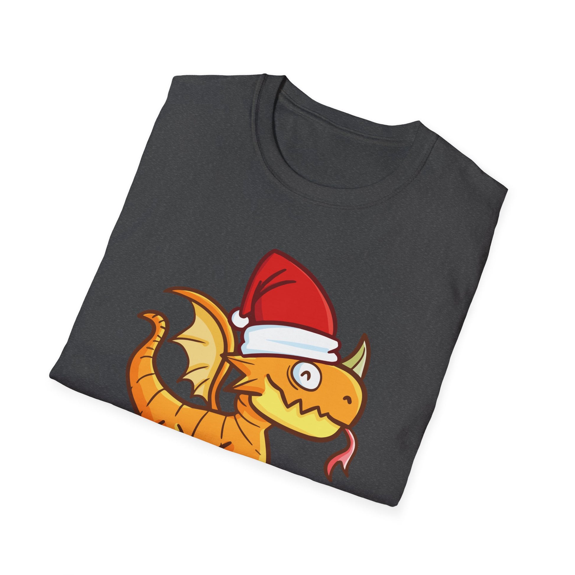 Christmas Dragon T-Shirt — Cute Cartoon Dragon in Santa Hat, "Merry Christmas" Holiday Tee
