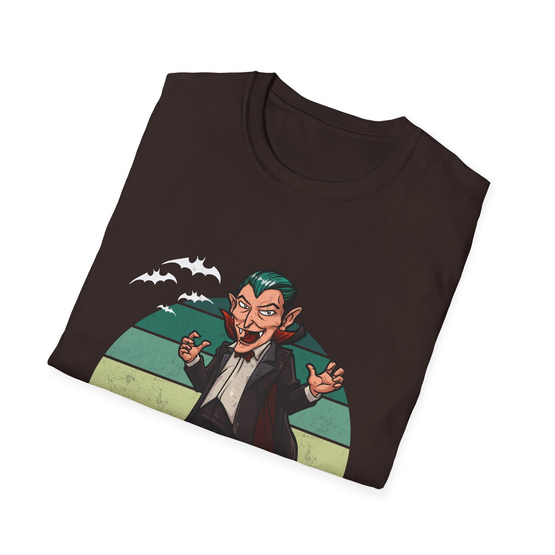 Vampire Cartoon Halloween T-Shirt — Retro Striped Dracula with Pumpkin