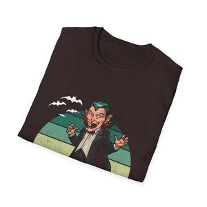 Vampire Cartoon Halloween T-Shirt — Retro Striped Dracula with Pumpkin