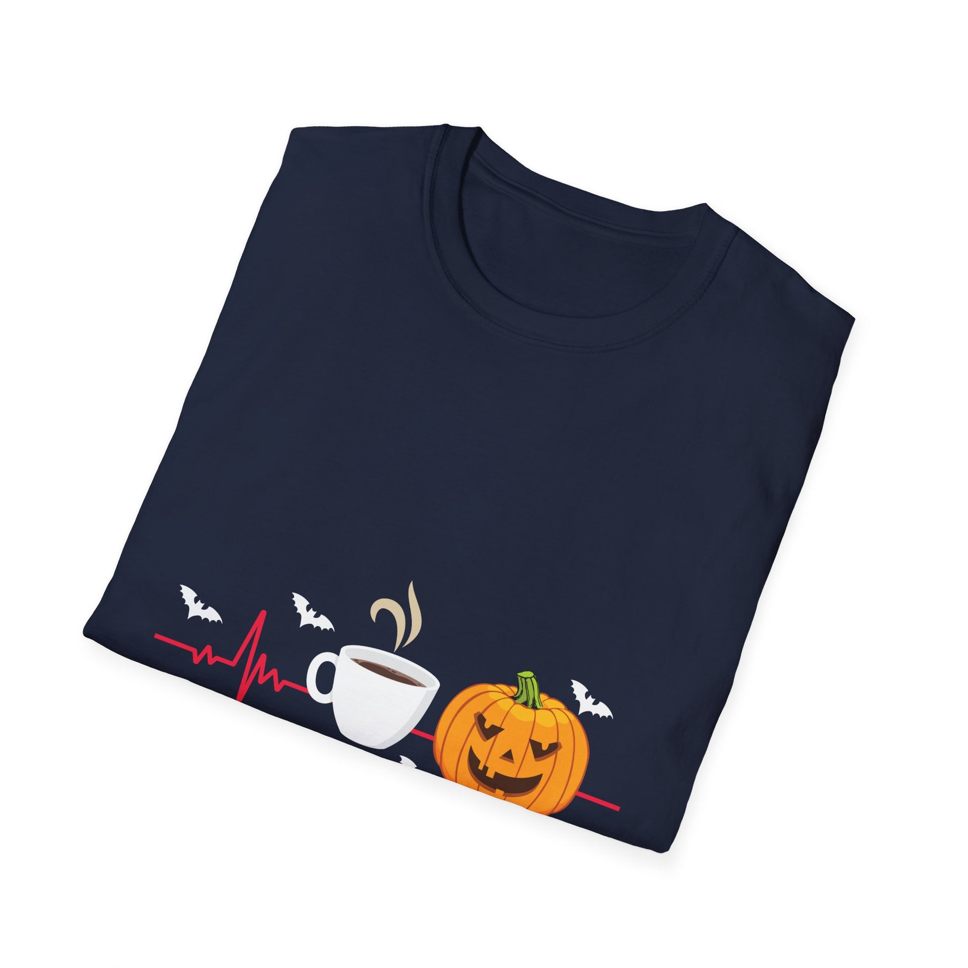 Halloween Coffee T-Shirt — Pumpkin, Bat & Heartbeat Graphic Tee