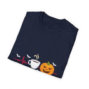Halloween Coffee T-Shirt — Pumpkin, Bat & Heartbeat Graphic Tee