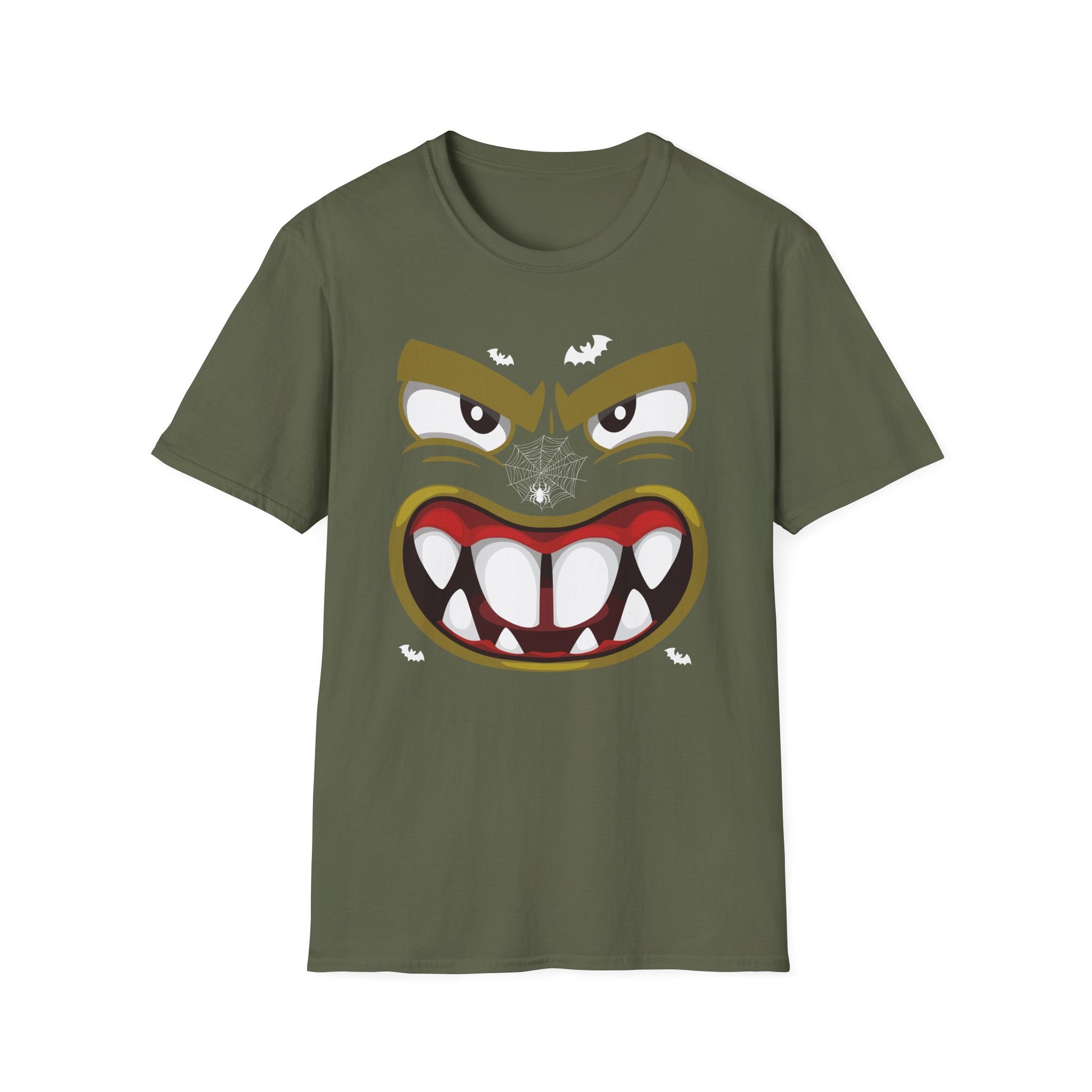Scary Halloween Monster Face T-Shirt — Creepy Grinning Design with Spider Web