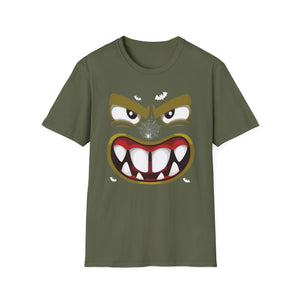 Scary Halloween Monster Face T-Shirt — Creepy Grinning Design with Spider Web