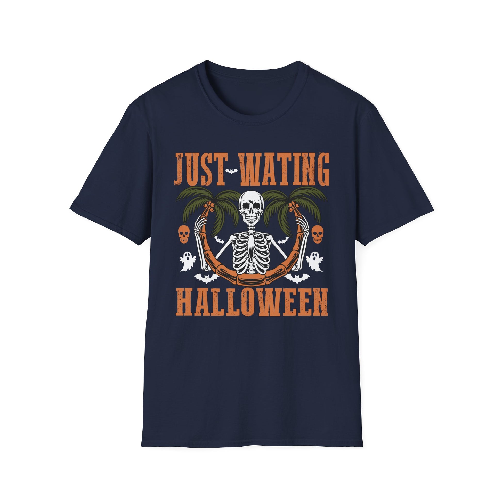 Halloween Skeleton Palm Tree T-Shirt — "Just Waiting Halloween" Graphic Tee