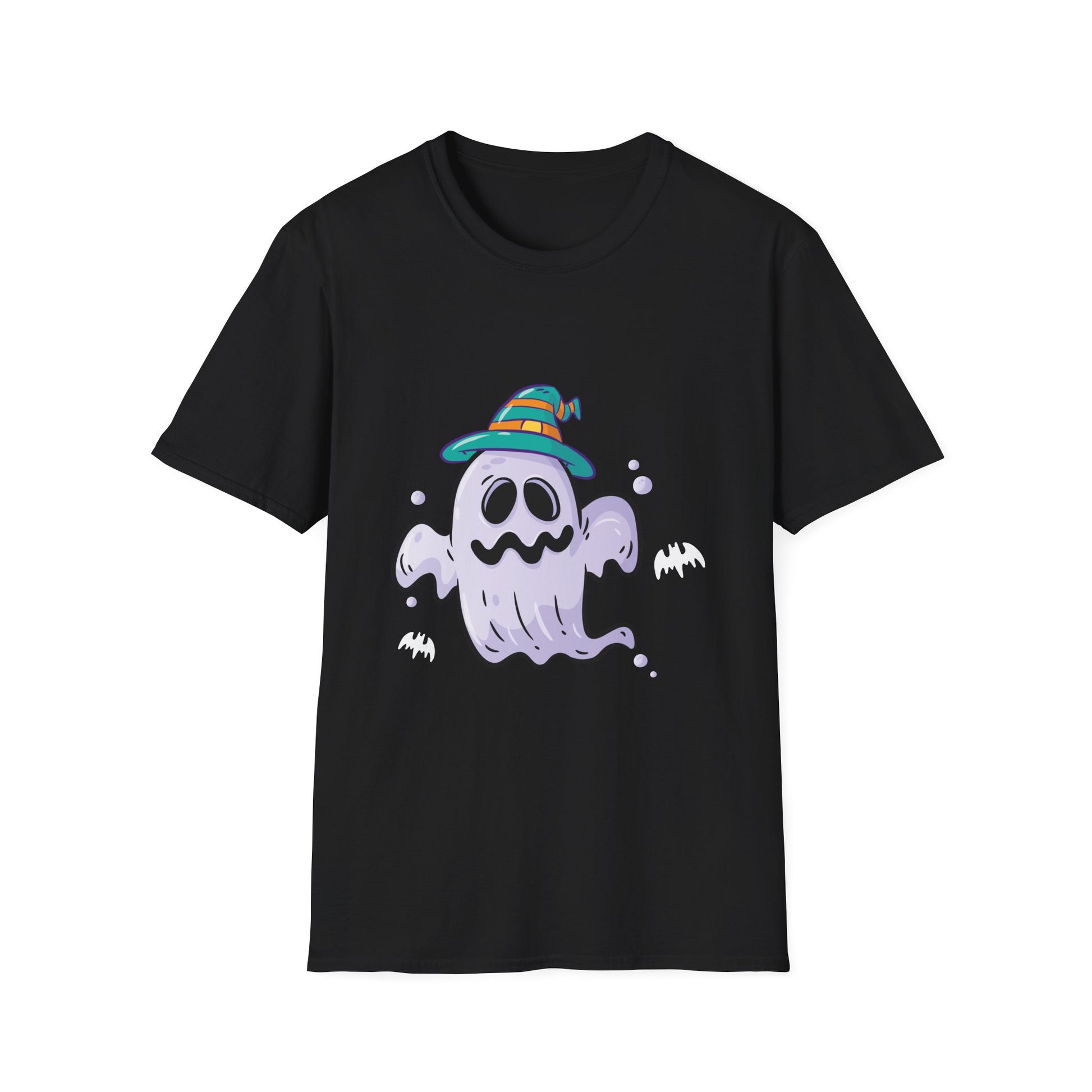 Cute Ghost Halloween T-Shirt – Whimsical Ghost with Striped Witch Hat