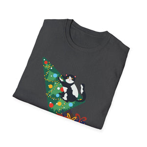 Christmas Cat T‑Shirt — 'WHAT?' Funny Holiday Cat Knocked Over Tree Tee