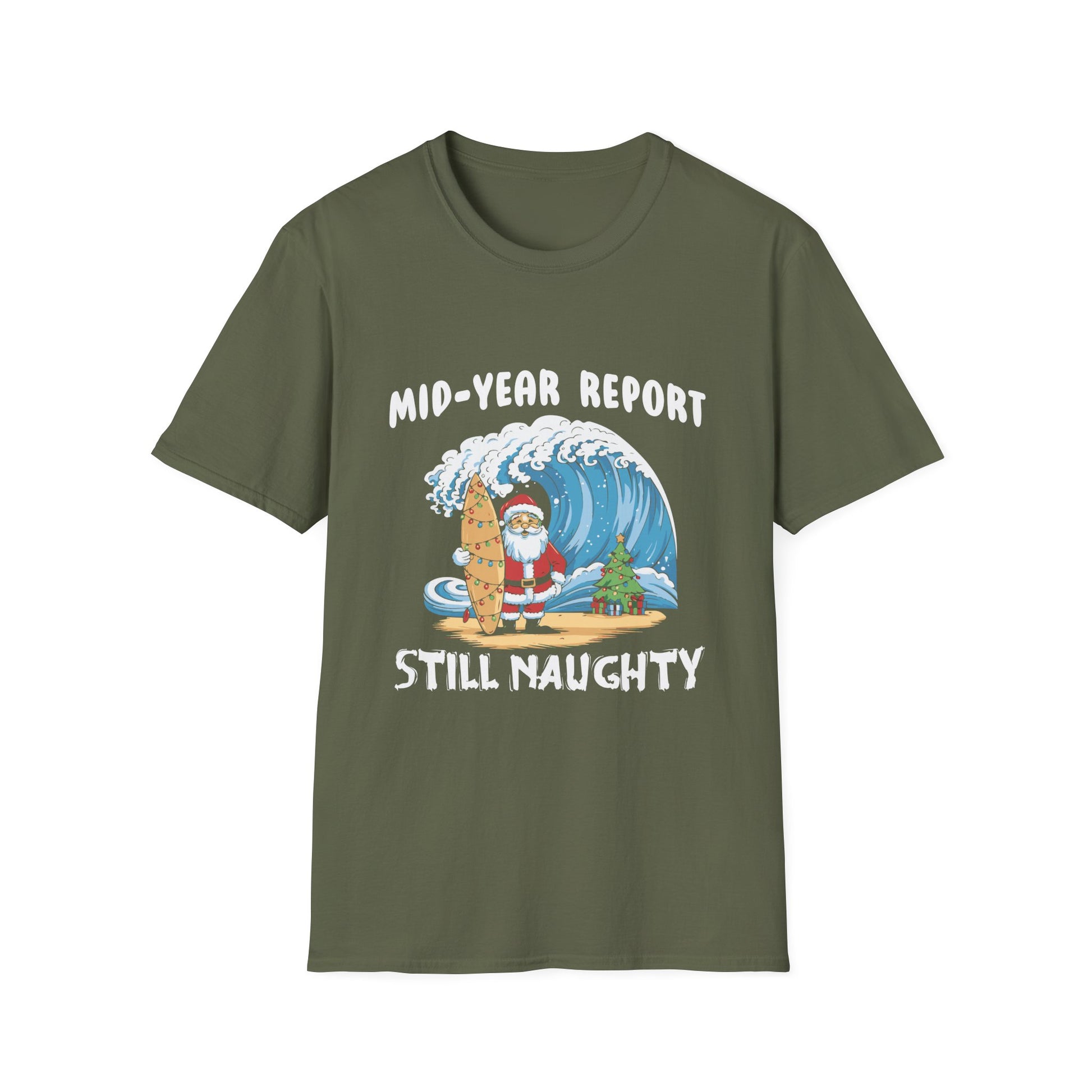 Santa Surfer Mid Year Report Still Naughty Christmas In July Unisex Softstyle T-Shirt