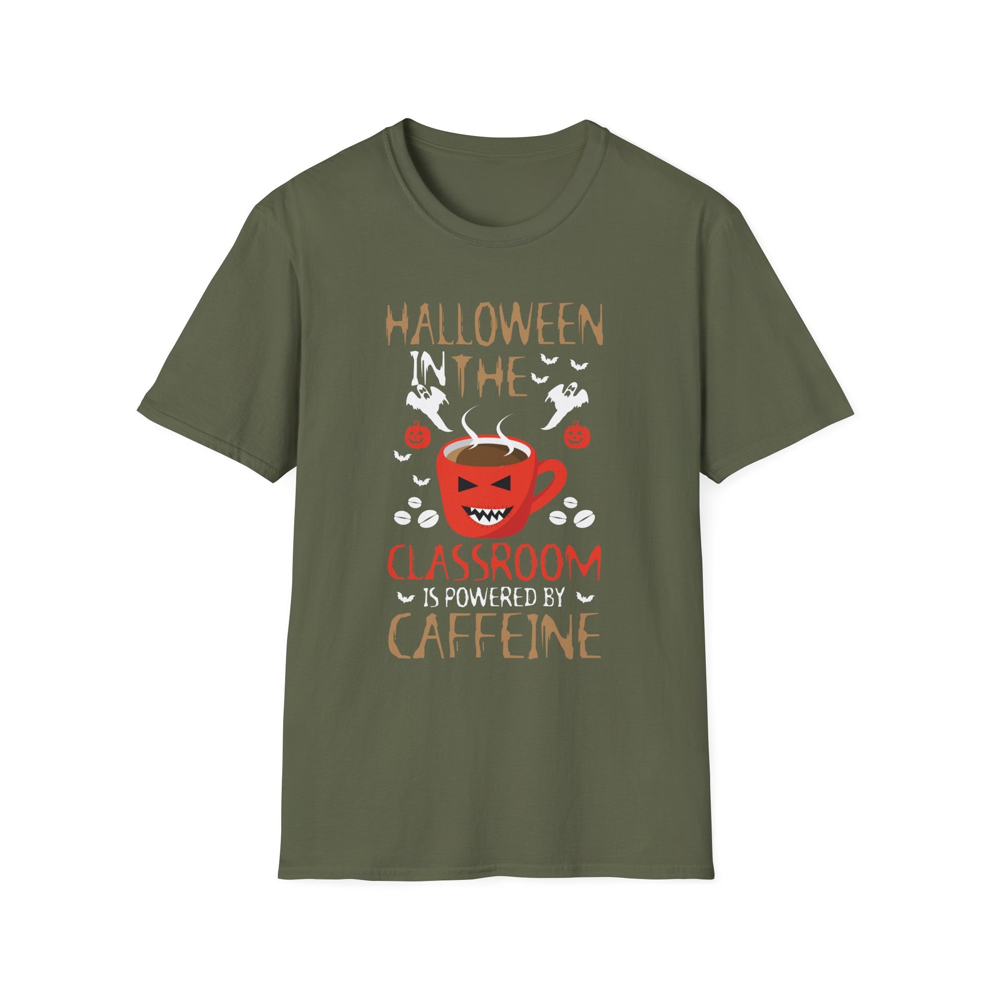 Halloween Classroom T-Shirt — "Classroom is Powered by Caffeine" Teacher Tee