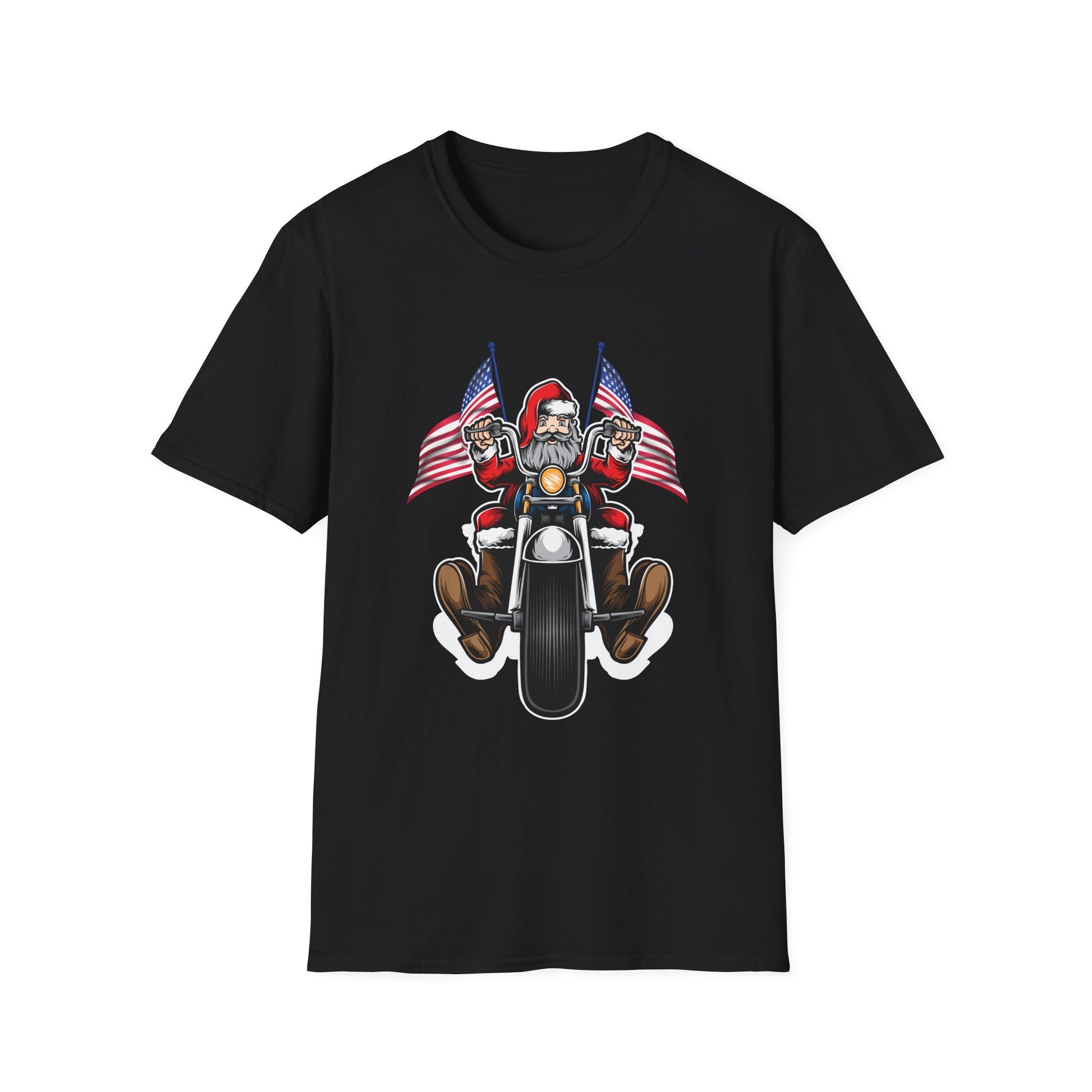 Santa Riding Motorcycle on Christmas - Biker US Flag Unisex Softstyle T-Shirt