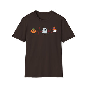 Halloween Heartbeat T-Shirt — Pumpkin, Ghost & Candy Skull Graphic Tee