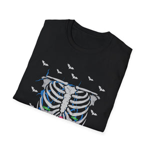 Skeleton Ribcage Floral T‑Shirt — Colorful Rib Bones with Flowers & Bats