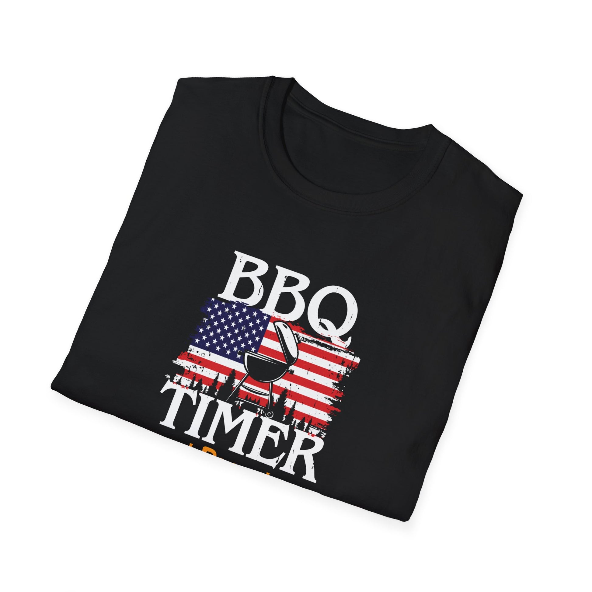 BBQ Timer T-Shirt – Funny Grilling Shirt with American Flag & Doneness Levels (Rare, Medium, Well Done)