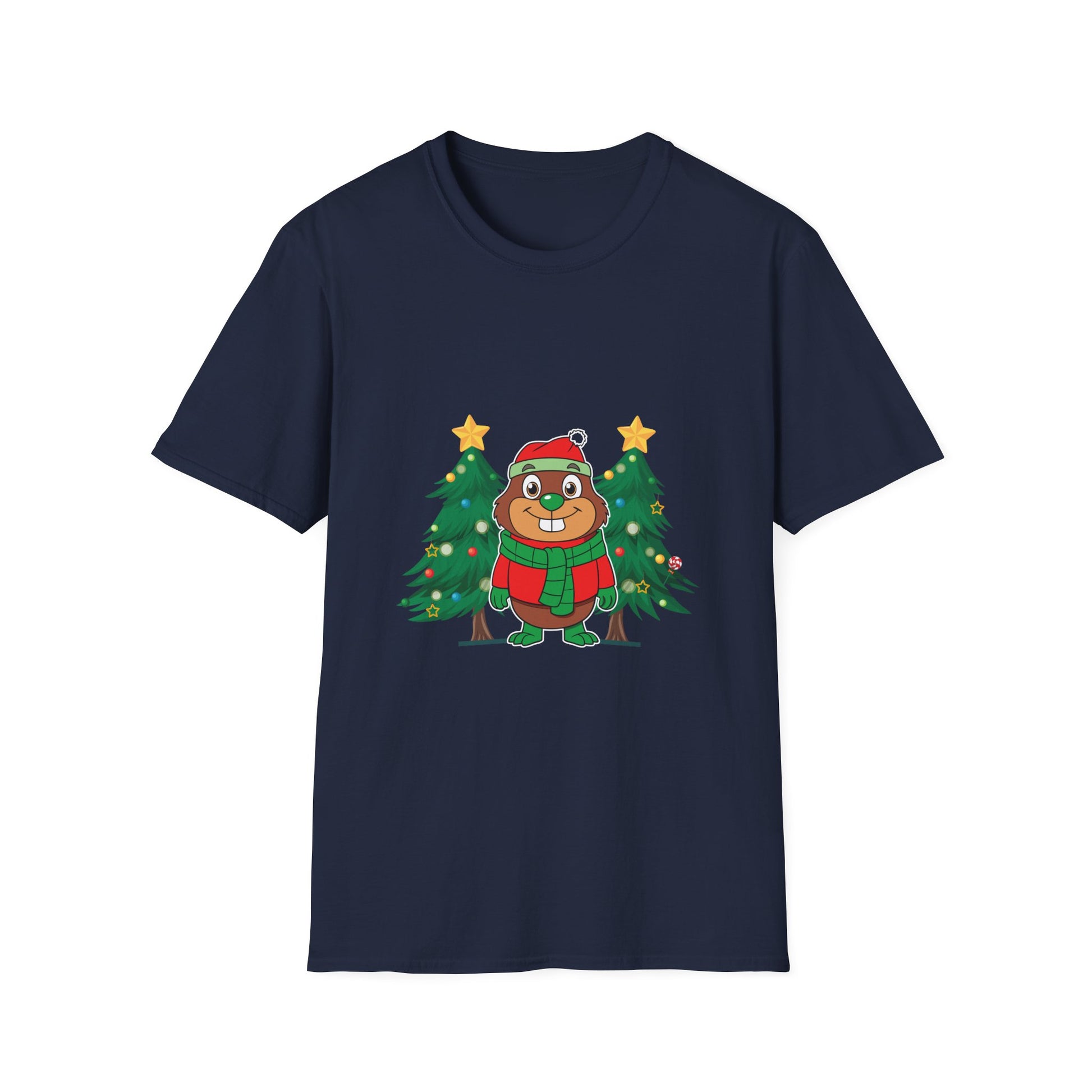 Christmas Groundhog T-Shirt — Cute Festive Groundhog in Scarf with Decorated Trees