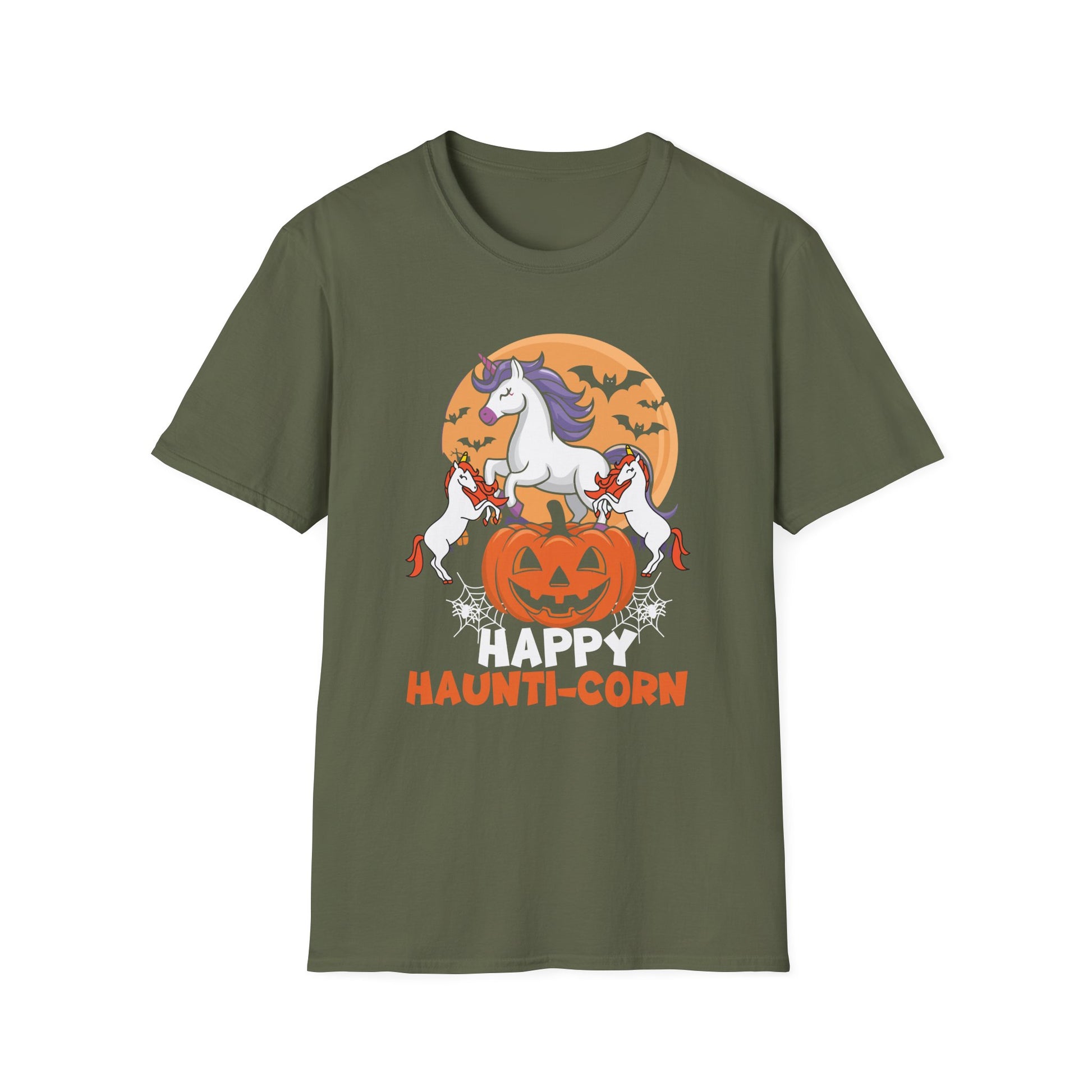 Halloween Unicorn T-Shirt — "Happy Haunti-Corn" Pumpkin & Bats Costume Tee