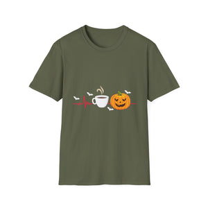 Halloween Coffee T-Shirt — Pumpkin, Bat & Heartbeat Graphic Tee