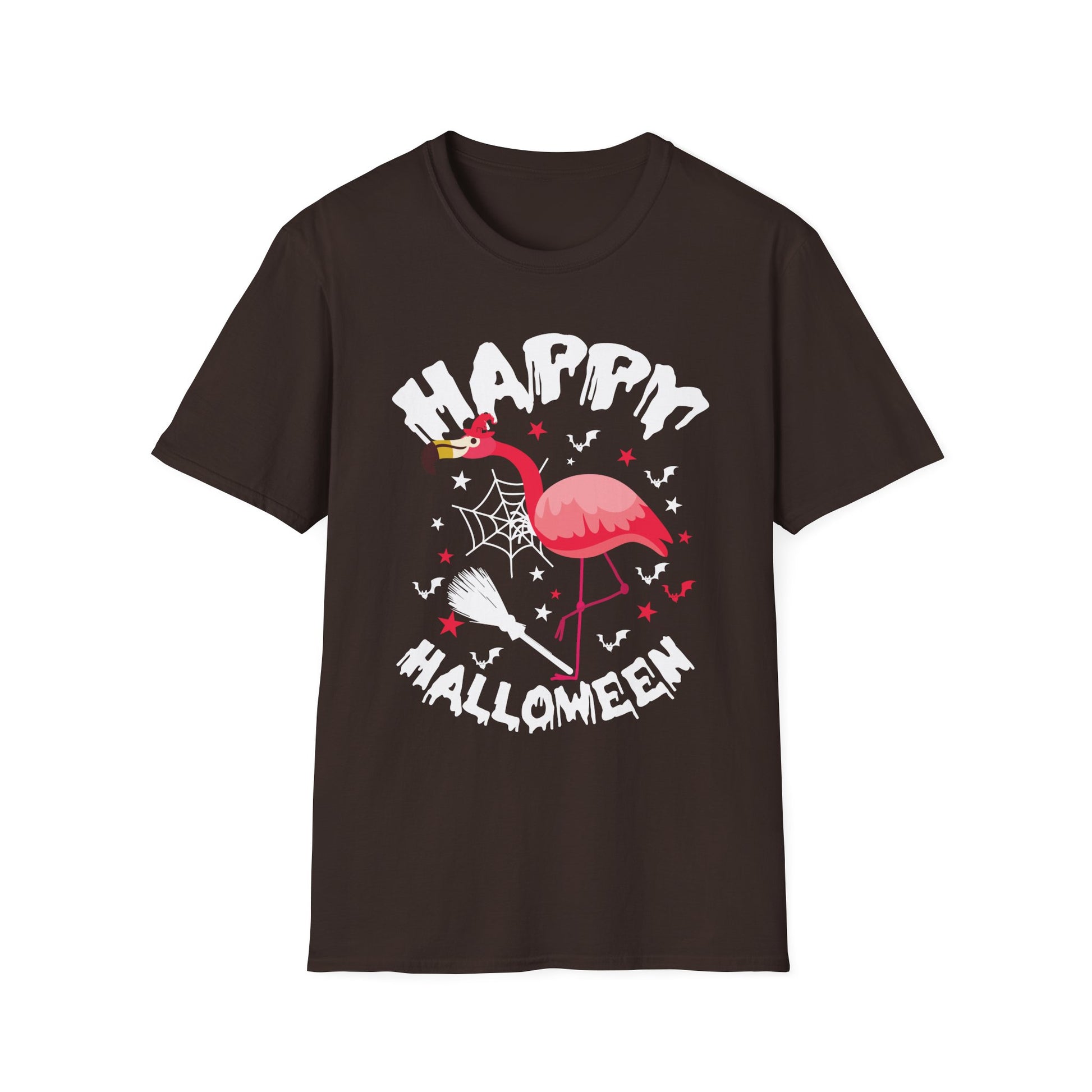 Happy Halloween Flamingo T-Shirt – Cute Spooky Pink Flamingo with Spiderweb & Bats