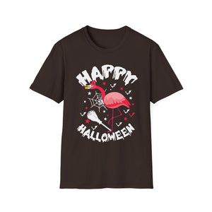 Happy Halloween Flamingo T-Shirt – Cute Spooky Pink Flamingo with Spiderweb & Bats