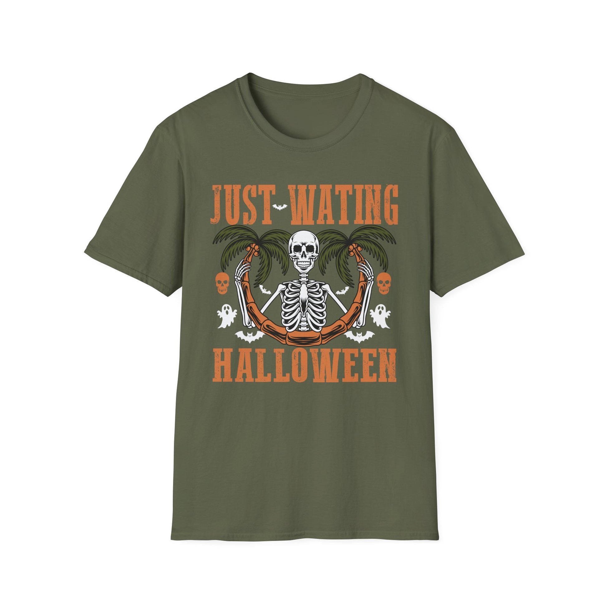 Halloween Skeleton Palm Tree T-Shirt — "Just Waiting Halloween" Graphic Tee