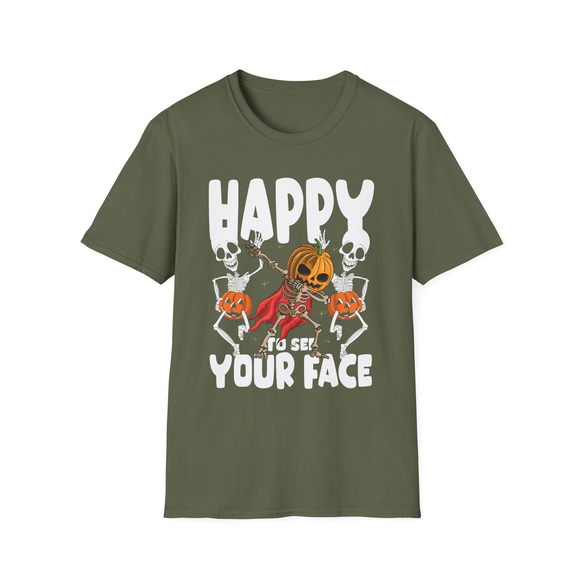 Halloween T-Shirt - "Happy to See Your Face" Pumpkin Skeletons Spooky Graphic Tee