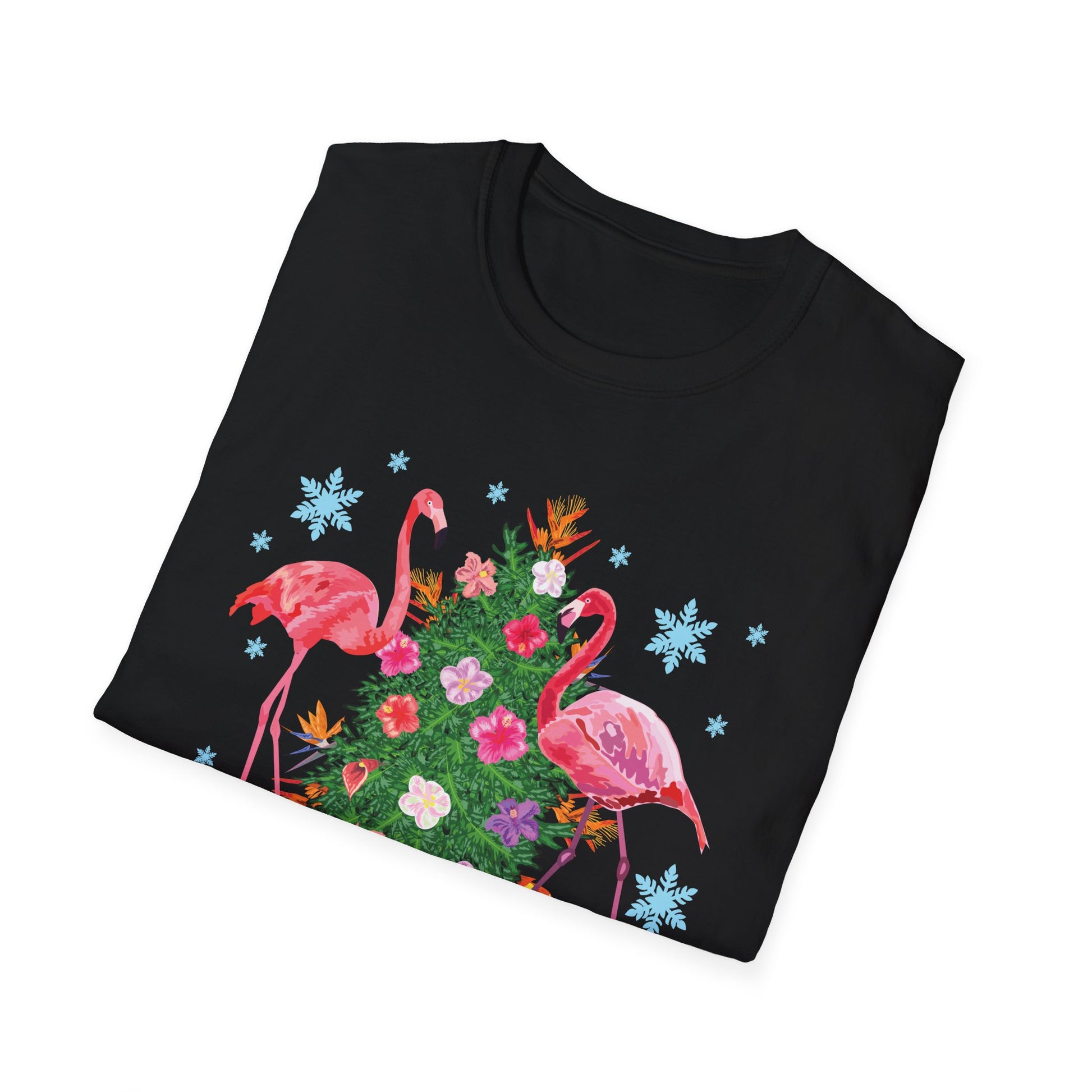 Flamingo Holiday T-Shirt — Festive Flamingos with Christmas Tree