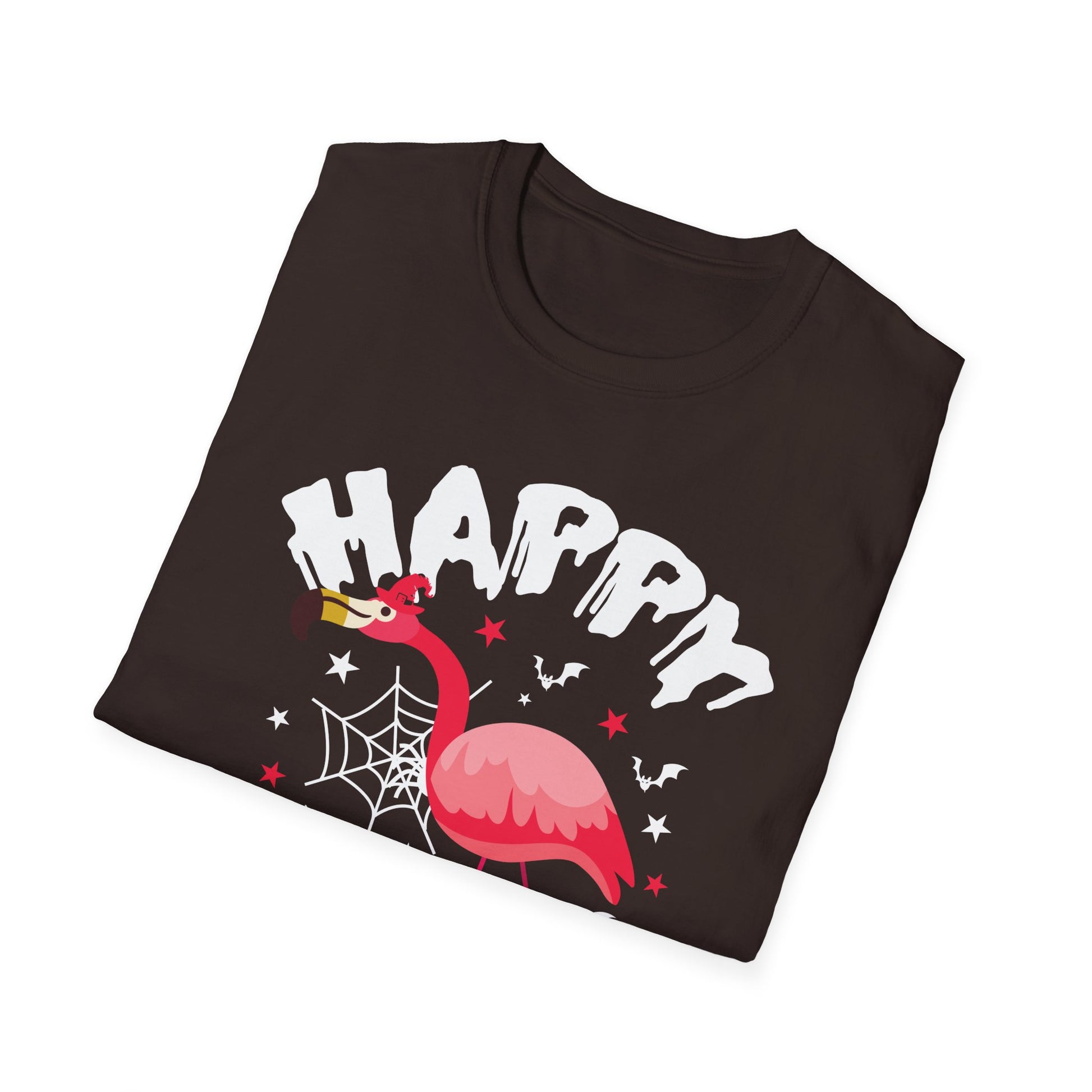 Happy Halloween Flamingo T-Shirt – Cute Spooky Pink Flamingo with Spiderweb & Bats