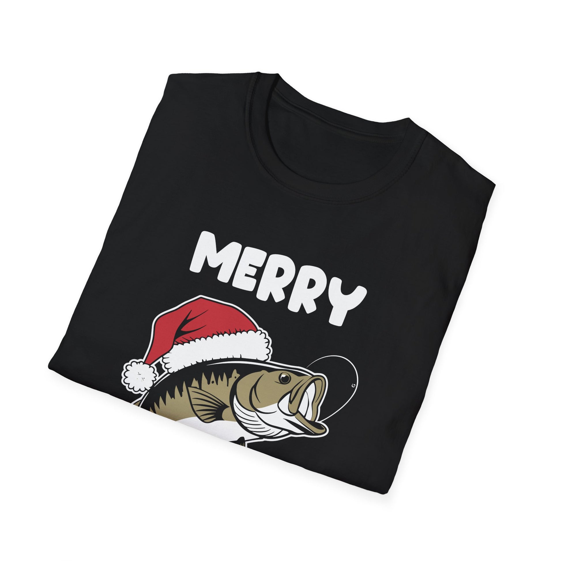 Merry Fishmas T-Shirt — Funny Christmas Fishing Shirt with Santa Hat Bass