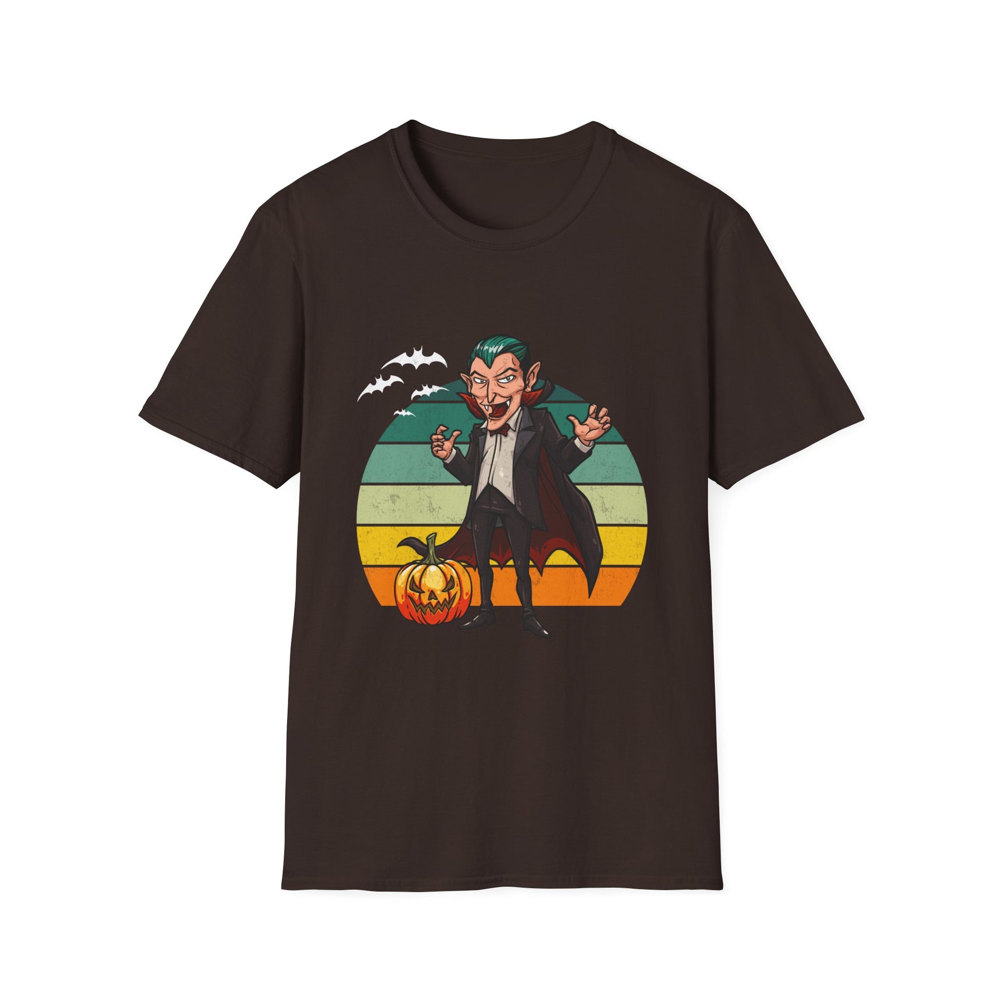 Vampire Cartoon Halloween T-Shirt — Retro Striped Dracula with Pumpkin