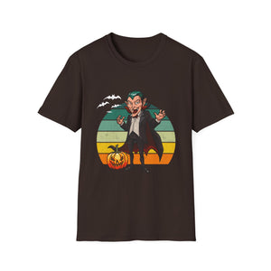 Vampire Cartoon Halloween T-Shirt — Retro Striped Dracula with Pumpkin