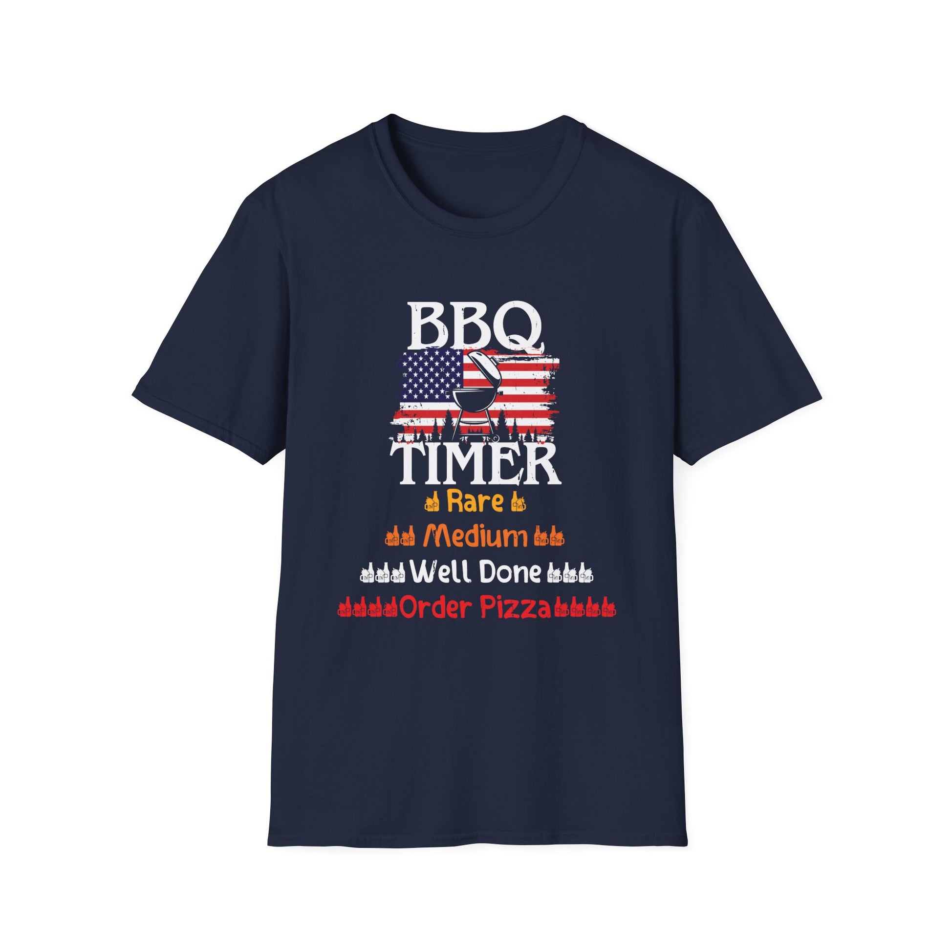 BBQ Timer T-Shirt – Funny Grilling Shirt with American Flag & Doneness Levels (Rare, Medium, Well Done)