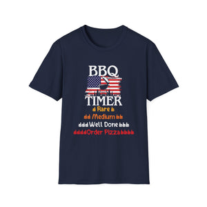 BBQ Timer T-Shirt – Funny Grilling Shirt with American Flag & Doneness Levels (Rare, Medium, Well Done)