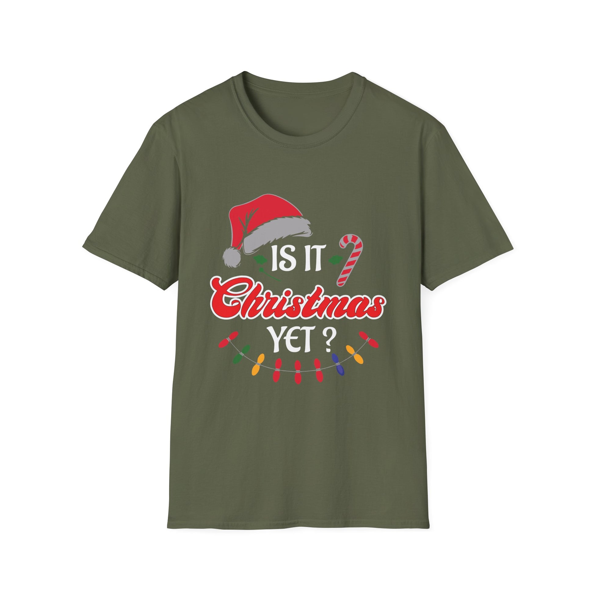 Christmas T-Shirt – "Is It Christmas Yet?" Holiday Tee with Santa Hat & Candy Cane