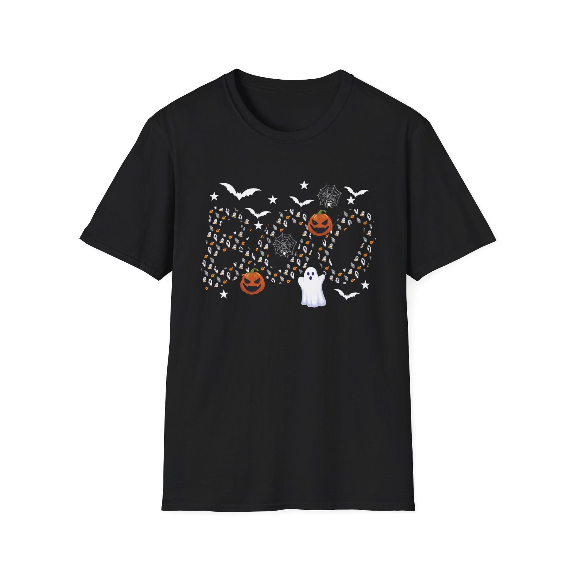 Halloween Boo Ghost Pumpkin T-Shirt — Spooky Bat & Candy Pattern Tee
