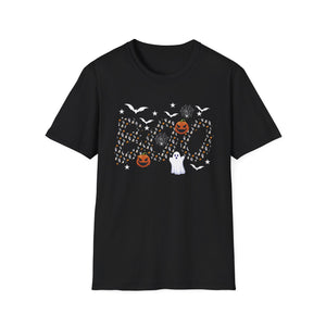 Halloween Boo Ghost Pumpkin T-Shirt — Spooky Bat & Candy Pattern Tee