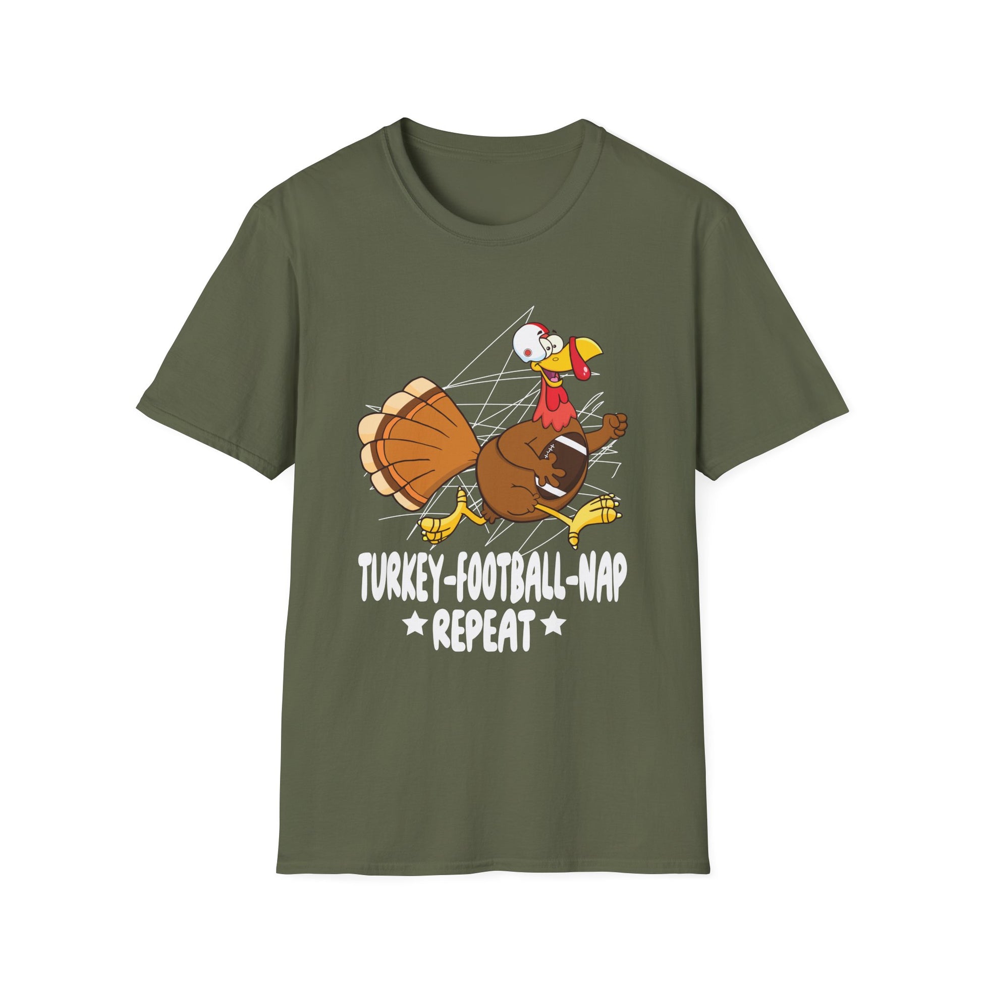 Turkey Football Nap Repeat T-Shirt — Funny Thanksgiving Turkey Tee for Football Fans