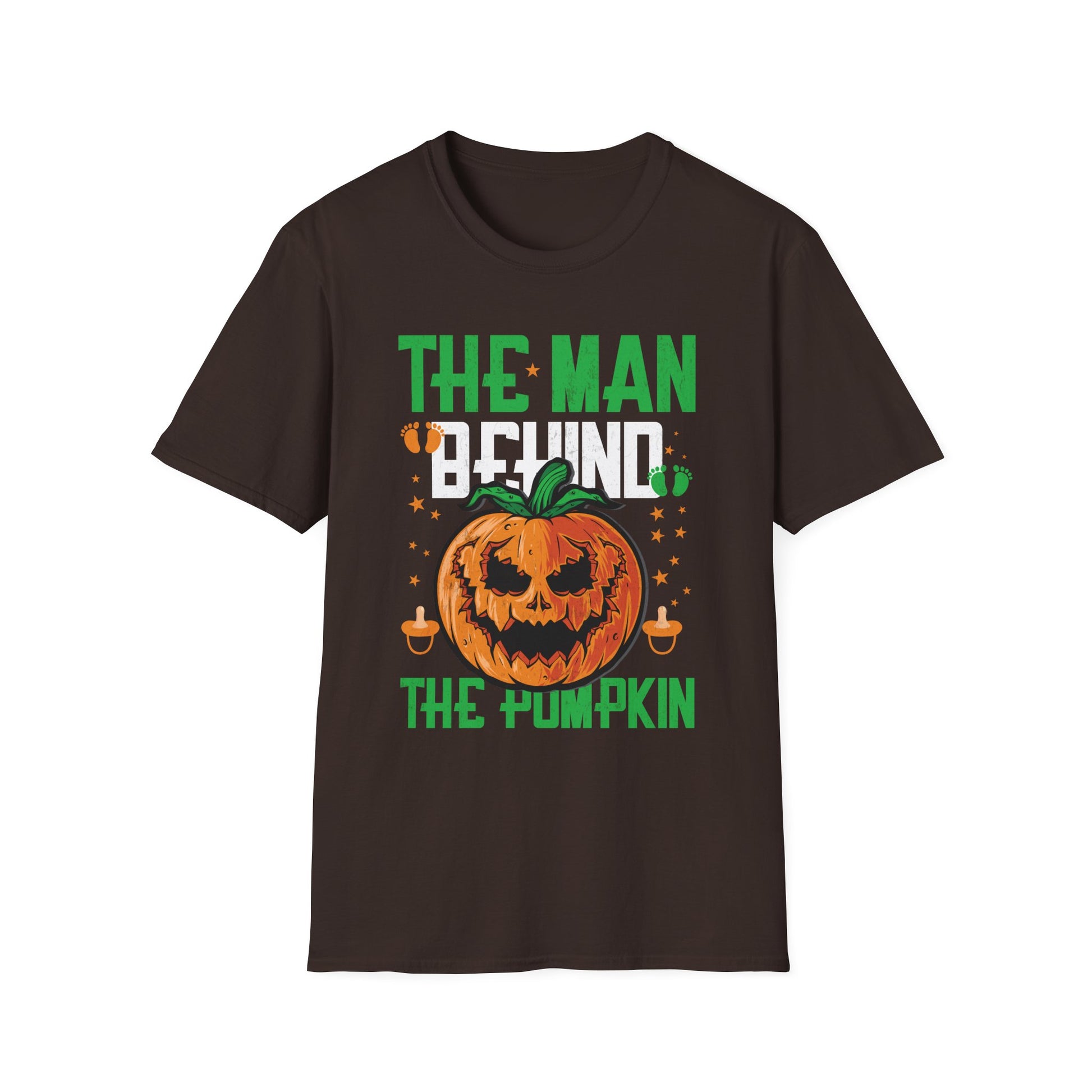 Mens The Man Behind The Pumpkin Dad Halloween Pregnancy Reveal  Unisex Softstyle T-Shirt