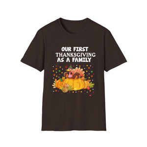 Thanksgiving T-Shirt — “Our First Thanksgiving as a Family” Fall Pumpkin Turkey Tee