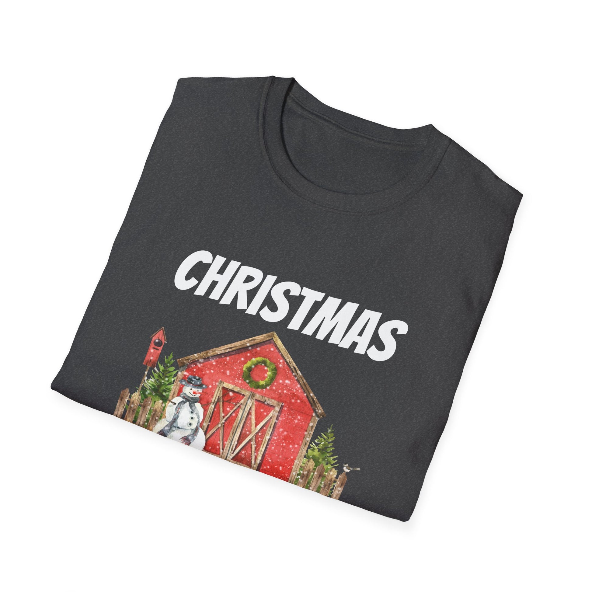 Christmas on the Farm T-Shirt — Holiday Barn & Snowman Farmhouse Tee