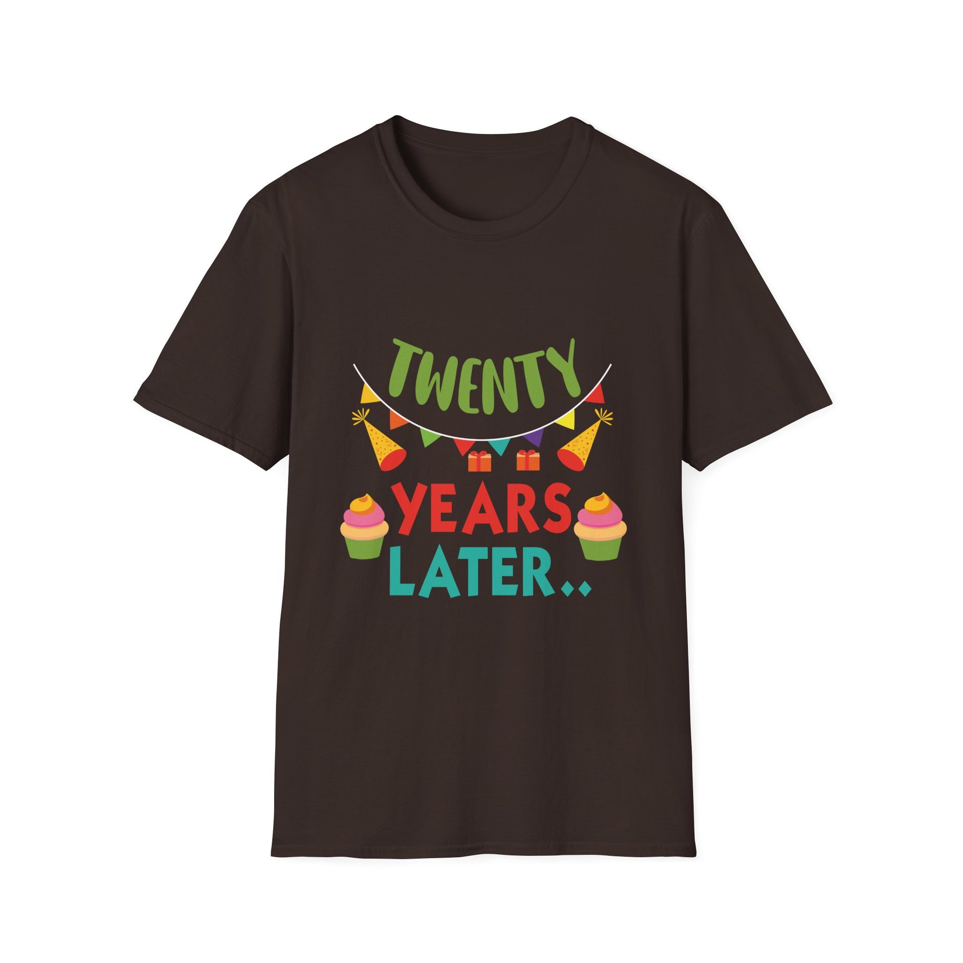 T-Shirt — "Twenty Years Later" Birthday Tee with Cupcakes & Party Banners