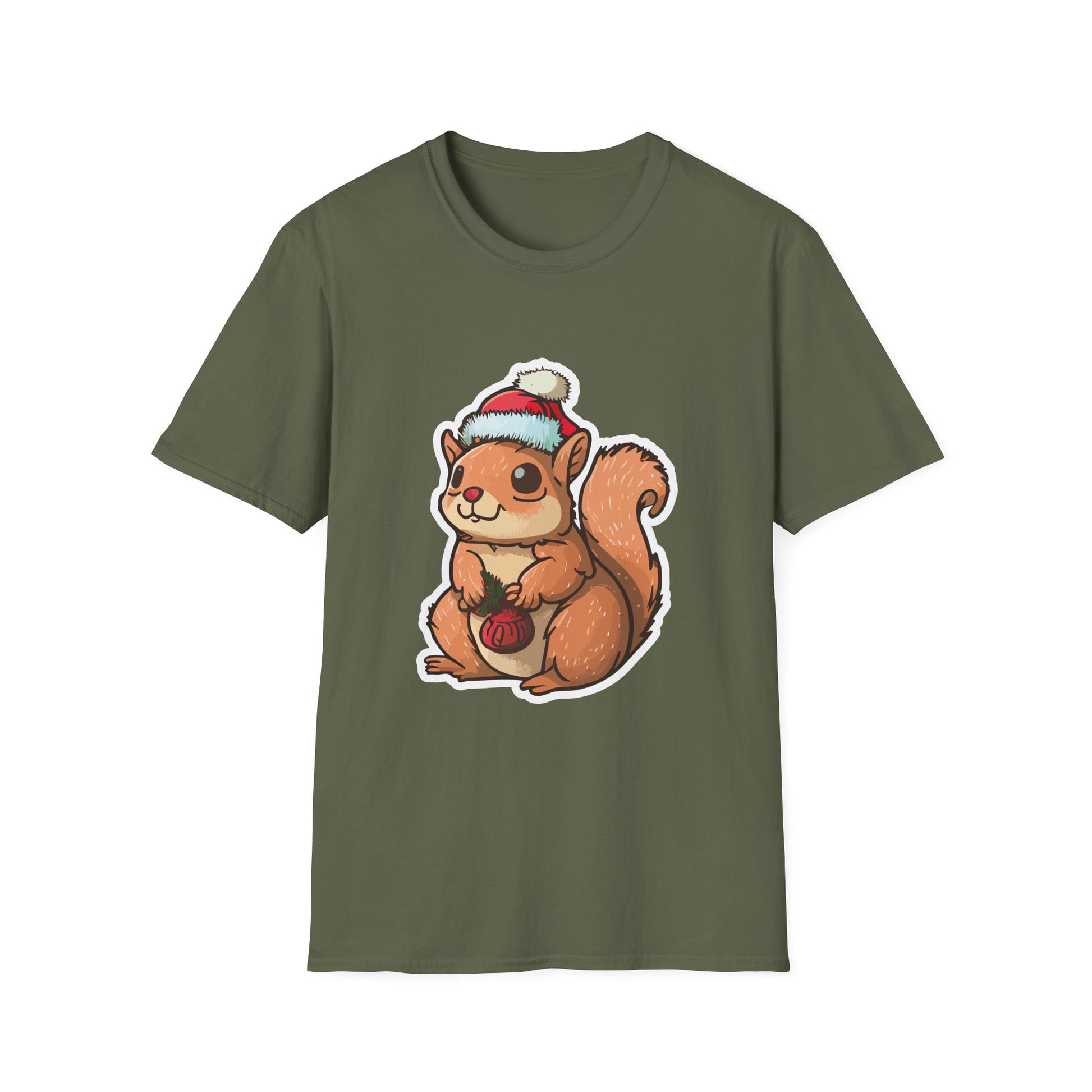 Cute Winter Squirrel T-Shirt — Cartoon Squirrel Wearing Knit Hat and Acorn