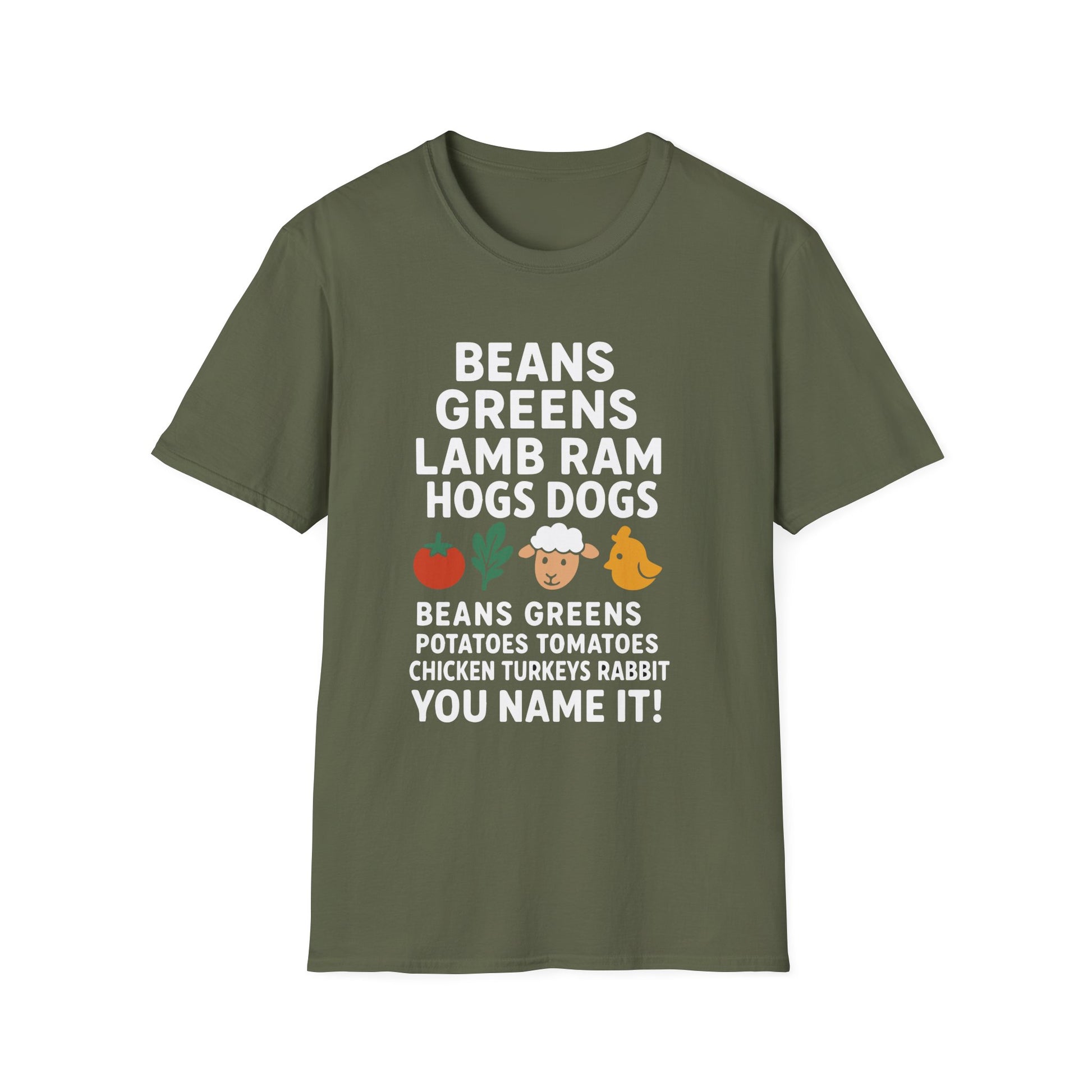 Farm Life T-Shirt — Beans Greens Lamb Ram Hogs Dogs Graphic Tee
